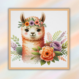 Adorable Llama with Blossoms for Kids | Poster