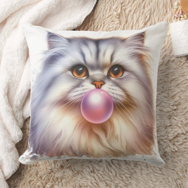 Adorable Long Hair Cat Blowing Bubble Gum Nursery Cushion (Blanket)