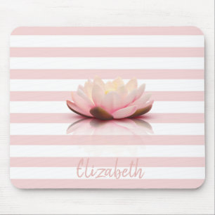Adorable Lotus Flower.Pink White Stripes Mouse Pad