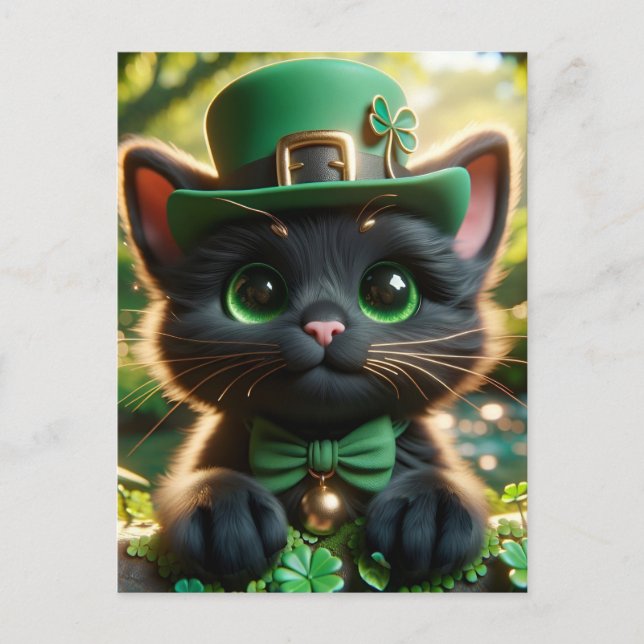Adorable Lucky Cute Black St. Patrick's Day Kitten Postcard (Front)