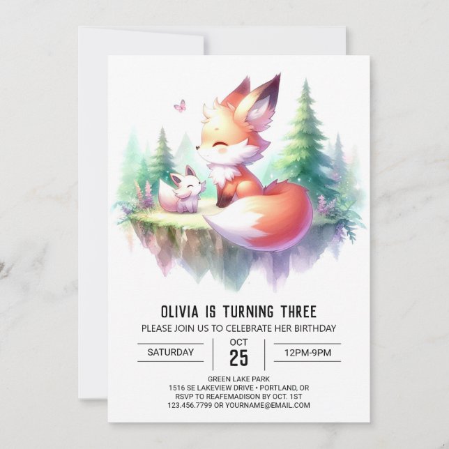 Adorable Magical Fox Birthday digital  Invitation (Front)