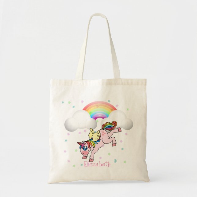 Adorable Magical Unicorn, Rainbow,Colourful Stars Tote Bag (Front)