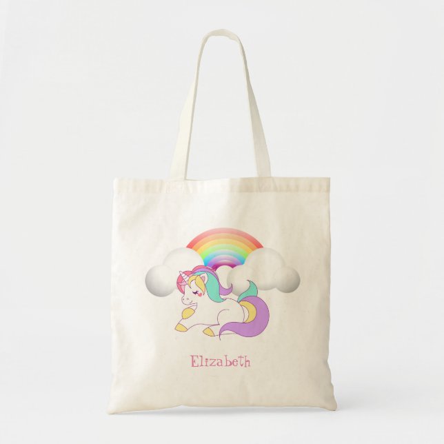 Adorable Magical Unicorn, Rainbow Tote Bag (Front)