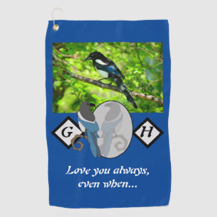Adorable Magpie Looking Glass Monogram w Photo Golf Towel