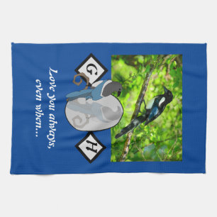 Adorable Magpie Looking Glass Monogram w Photo Tea Towel