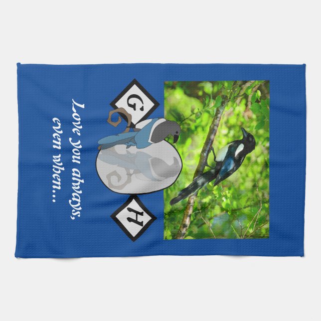 Adorable Magpie Looking Glass Monogram w Photo Tea Towel (Horizontal)