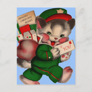 adorable mail kitten delivering Christmas packages Holiday Postcard