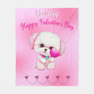 Adorable Maltese Puppy Happy Valentine's Day Fleece Blanket