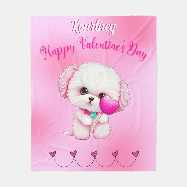 Adorable Maltese Puppy Happy Valentine's Day   Fleece Blanket (Front)