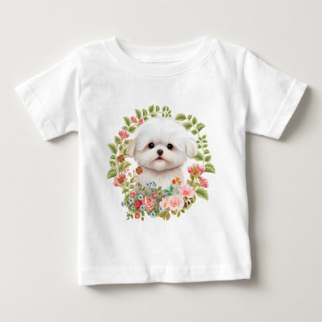 Adorable Maltese Puppy in Bloom, Maltese Dog lover Baby T-Shirt (Front)