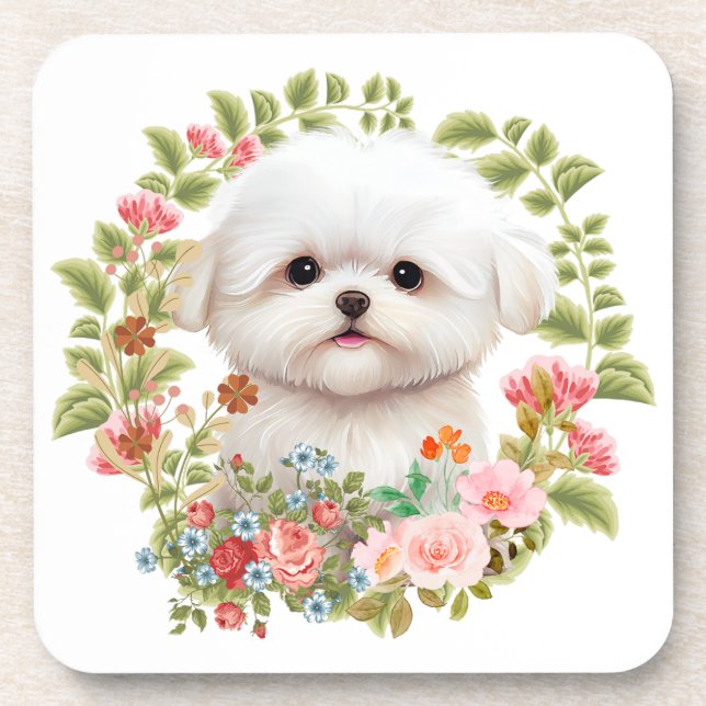 Adorable Maltese Puppy in Bloom, Maltese Dog lover Coaster (Front)
