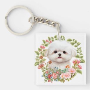 Adorable Maltese Puppy in Bloom, Maltese Dog lover Key Ring