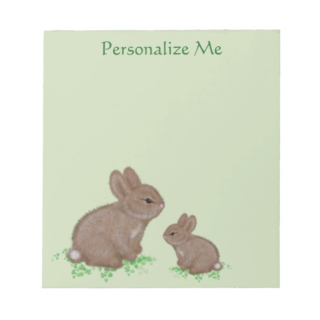 Adorable Mama and Baby Bunny in Clover Notepad (Front)