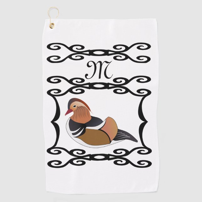 Adorable Mandarin Duck Cartoon Monogram Golf Towel (Front)