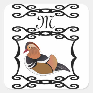 Adorable Mandarin Duck Cartoon Monogram Square Sticker