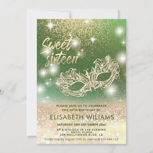 Adorable Masquerade  charming glittery ombre green Invitation (Front)