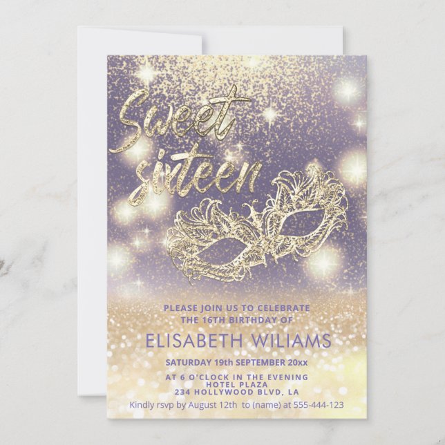 Adorable Masquerade  charming glittery ombre lilac Invitation (Front)