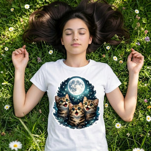Adorable Meowing Cat Trio Under Full Moon Women's  T-Shirt