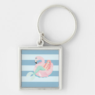 Adorable Mermaid on Light Blue and White Stripes Key Ring