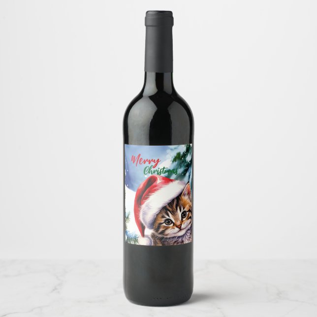 adorable Merry Christmas white winter cat kitten Wine Label (Front)