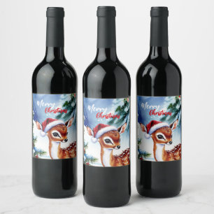 adorable Merry Christmas white winter deer fawn Wine Label