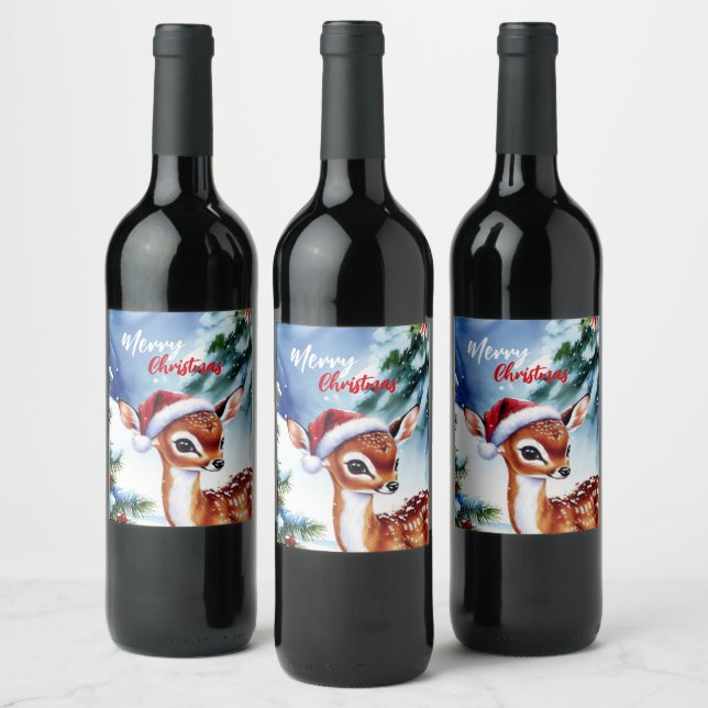 adorable Merry Christmas white winter deer fawn Wine Label (Bottles)