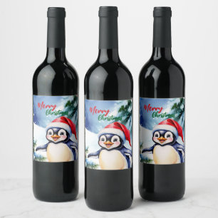 adorable Merry Christmas white winter penguin Wine Label