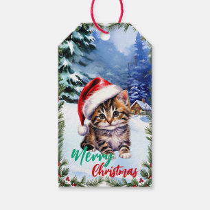 adorable Merry Christmas winter cat kitten santa Gift Tags