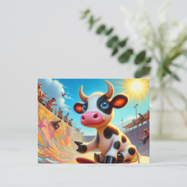 Adorable Mini Black and White Cow Skateboarding Postcard (Standing Front)