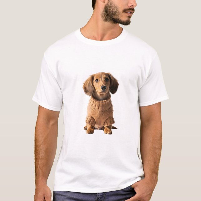 Adorable Miniature Long-Haired Dachshund T-Shirt (Front)