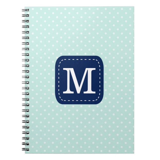 Adorable Mint Polka Dots Navy Blue Monogram Notebook (Front)