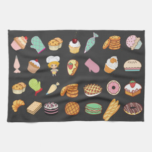 Adorable modern cute baking pattern chef black tea towel