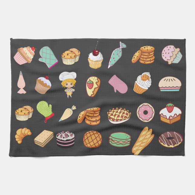 Adorable modern cute baking pattern chef black tea towel (Horizontal)