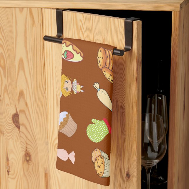 Adorable modern cute baking pattern chef brown tea towel (Thirds Fold)