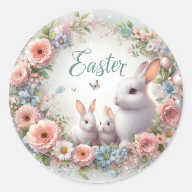 Adorable Momma and Baby Easter Bunnies  Classic Round Sticker (Front)