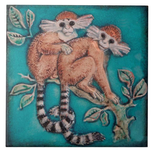 Adorable Monkeys Majolica Repro German Antique Ceramic Tile (Front)