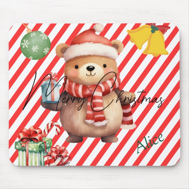 Adorable monogram Red white stripes Ornaments Mouse Pad (Front)