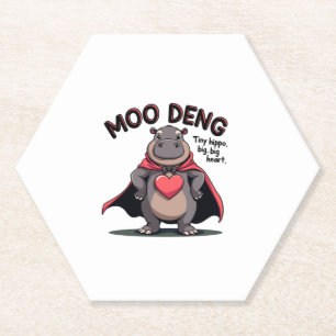 Adorable Moo-Deng Pigmy Hippo Big Heart Design Lon Paper Coaster