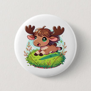 Adorable moose calf running through a field  6 cm round badge