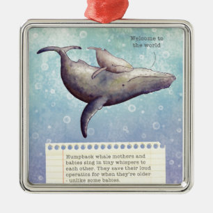 Adorable mother and baby whale. New baby card. Metal Ornament