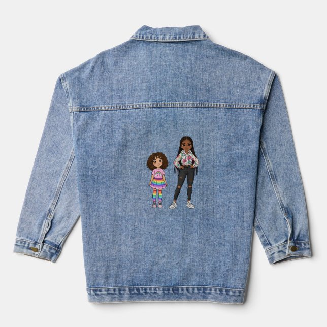 Adorable Mother and Daughter Illustration Long Sle Denim Jacket (Back)