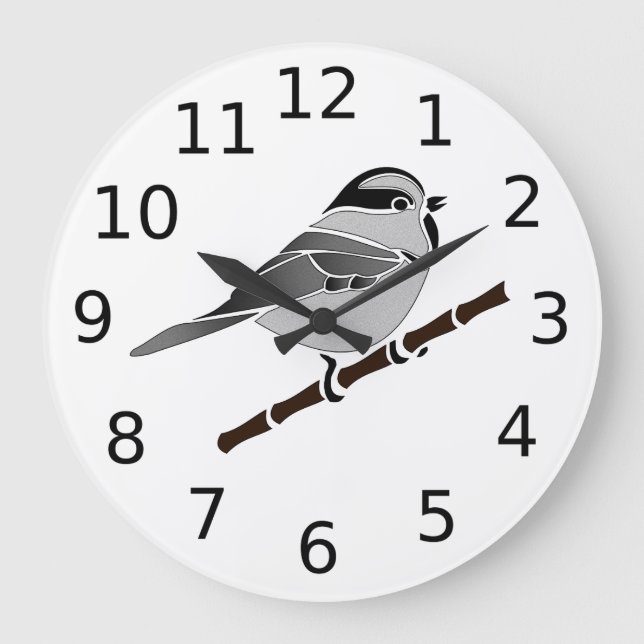 Adorable Mountain Chickadee Bird Illustrated Large Clock (Front)
