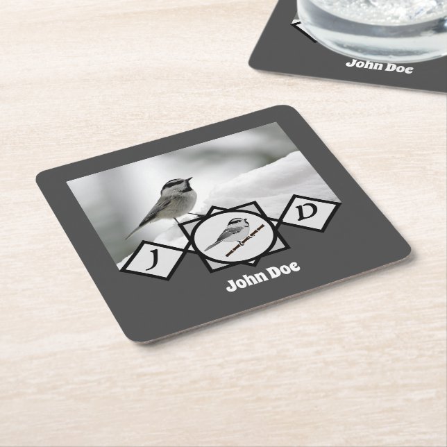 Adorable Mountain Chickadee Monogram Photo Square Paper Coaster (Angled)