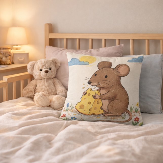 Adorable Mouse Eating Cheese Drawing Kids Cushion (Creator Uploaded)
