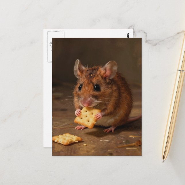 Adorable Mouse Eating Postcard (Front/Back In Situ)