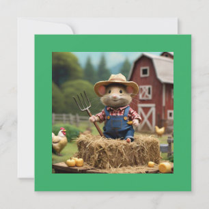Adorable Mouse Farmer on Hay Invitation