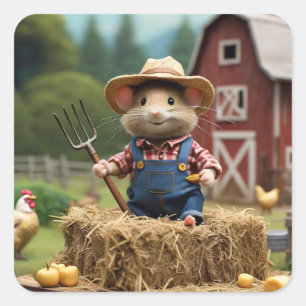 Adorable Mouse Farmer on Hay Sticker
