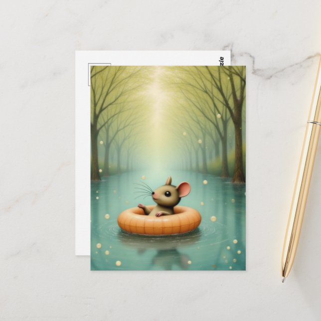 Adorable Mouse Floating on a Lake Postcard (Front/Back In Situ)