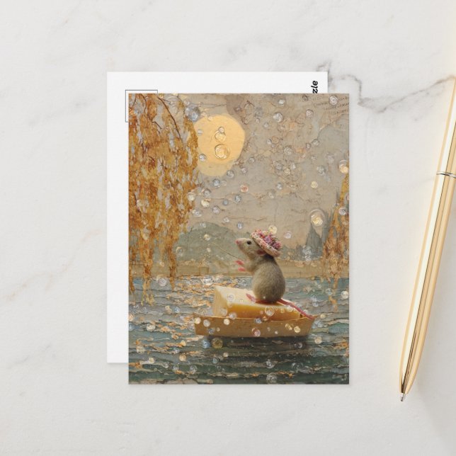 Adorable Mouse Floating on a Soap Boat Down River Postcard (Front/Back In Situ)