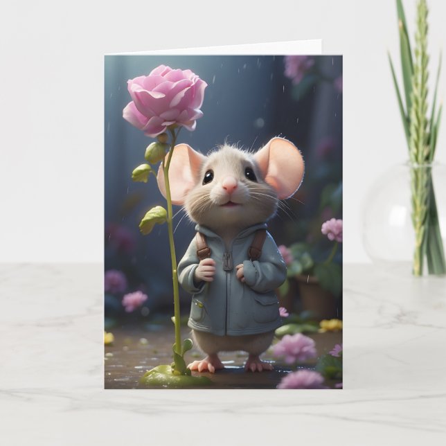 Adorable Mouse Flower Illustration Blank Greeting  Card (Front)